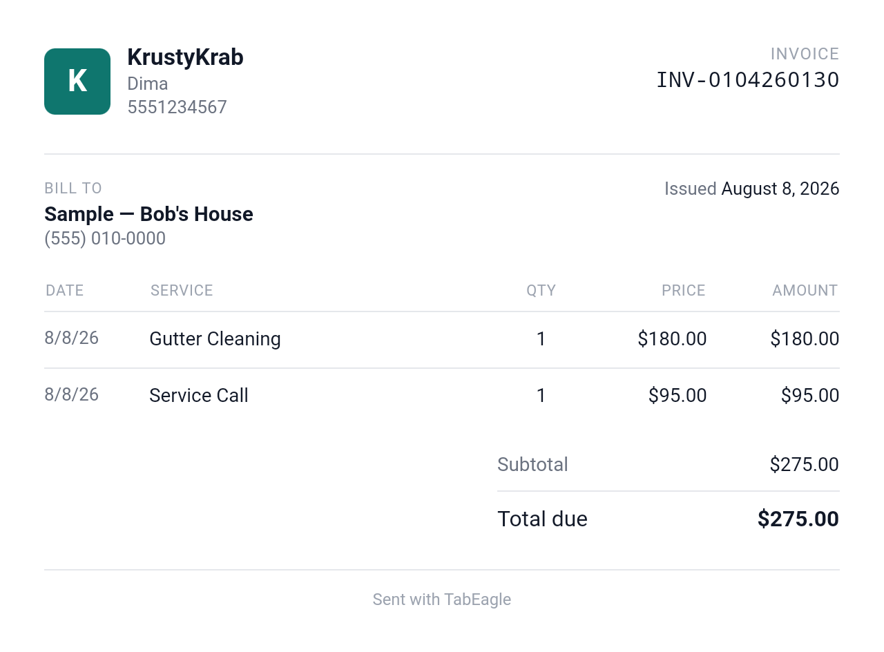 The invoice a TabEagle customer receives — business header, itemized work, total due, and a Sent with TabEagle footer